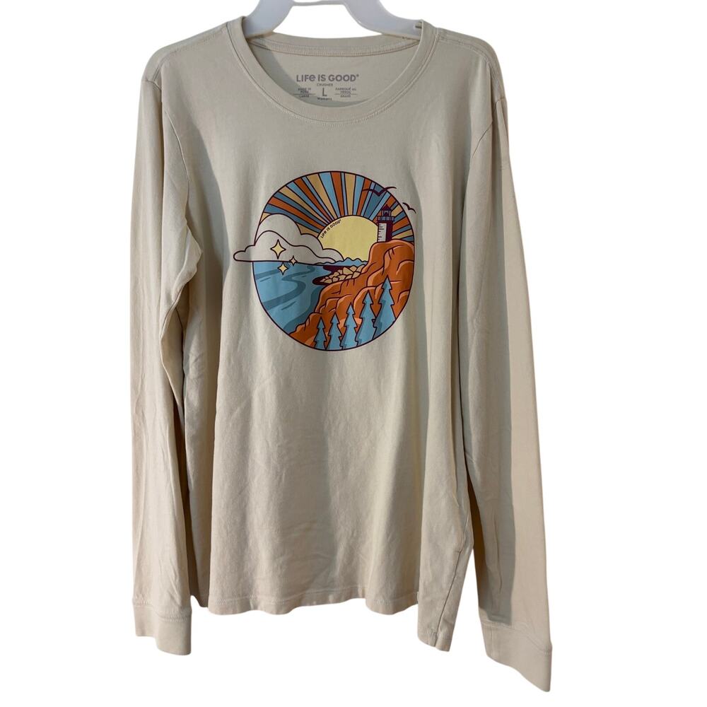 Life is Good Crusher T-Shirt Women's Large Long Sleeve Lighthouse Graphic Beige